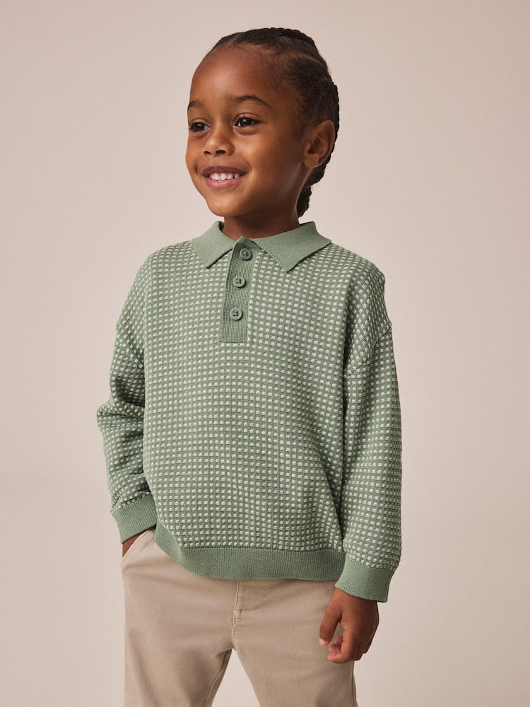 Green Textured Knitted Popper Neck Polo Shirt (3mths-7yrs) - Green Textured Knitted Popper Neck Polo / 12-18 Months (80-86cm)