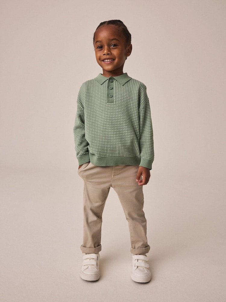 Green Textured Knitted Popper Neck Polo