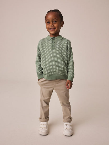 Green Textured Knitted Popper Neck Polo