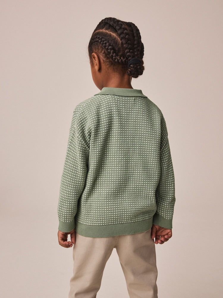 Green Textured Knitted Popper Neck Polo