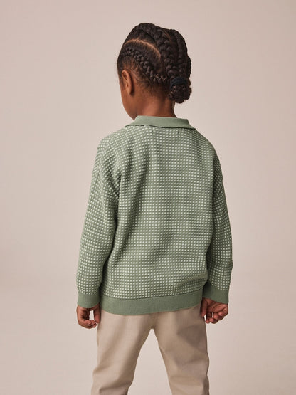 Green Textured Knitted Popper Neck Polo