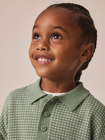 Green Textured Knitted Popper Neck Polo