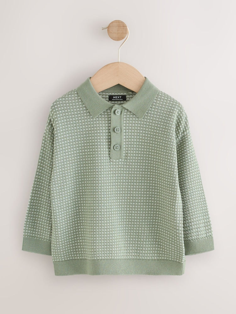Green Textured Knitted Popper Neck Polo