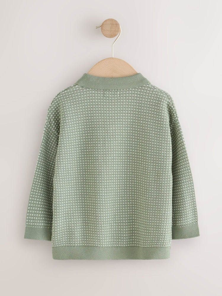 Green Textured Knitted Popper Neck Polo