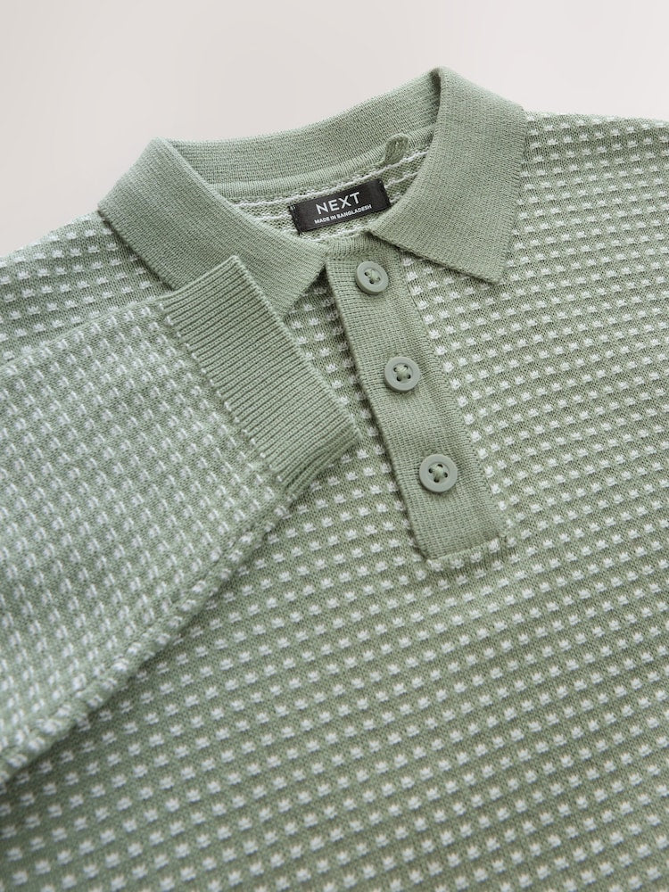 Green Textured Knitted Popper Neck Polo