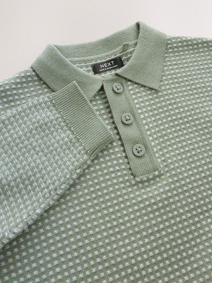 Green Textured Knitted Popper Neck Polo