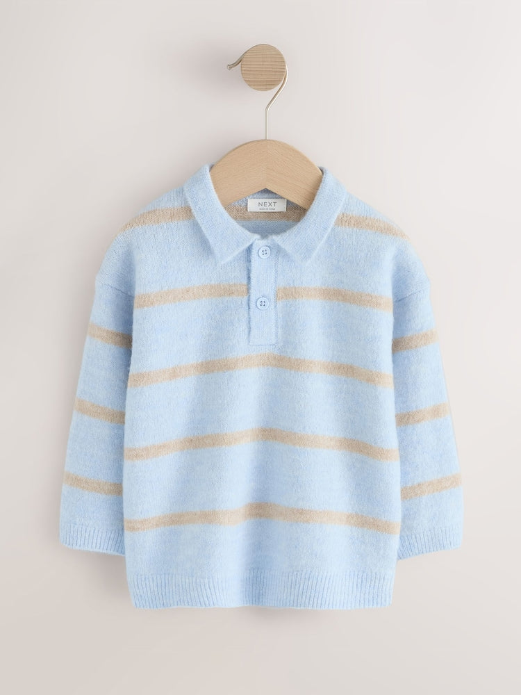 Blue/Neutral Knitted Stripe Polo Shirt (3mths-7yrs) - Blue/Neutral / 12-18 Months (80-86cm)