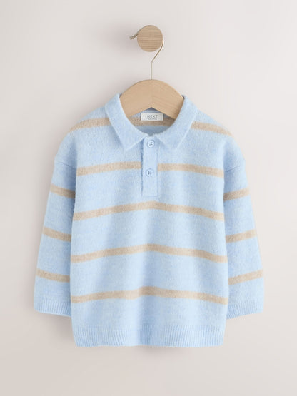 Blue/Neutral Knitted Stripe Polo Shirt (3mths-7yrs) - Blue/Neutral / 12-18 Months (80-86cm)