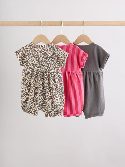 Pink and Leopard Printed Button T-Shirt Jersey Baby Rompers 3 Pack