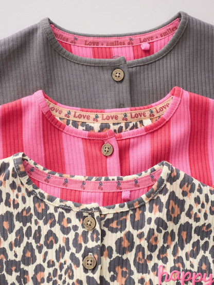 Pink and Leopard Printed Button T-Shirt Jersey Baby Rompers 3 Pack