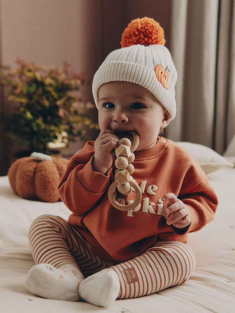 White Embroidered Knitted Pumpkin Pom Baby Hat