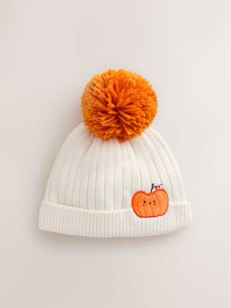 White Embroidered Knitted Pumpkin Pom Baby Hat
