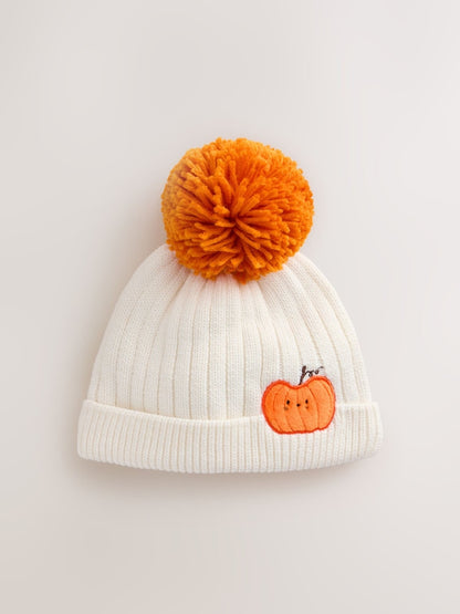 White Embroidered Knitted Pumpkin Pom Baby Hat