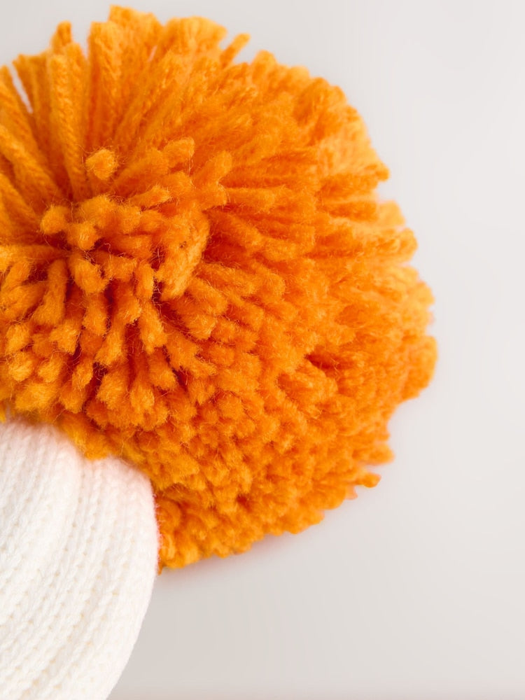 White Embroidered Knitted Pumpkin Pom Baby Hat