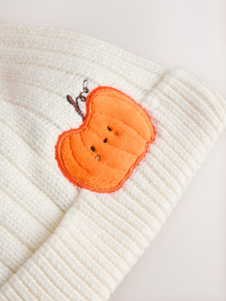 White Embroidered Knitted Pumpkin Pom Baby Hat