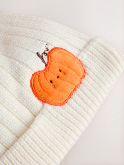 White Embroidered Knitted Pumpkin Pom Baby Hat