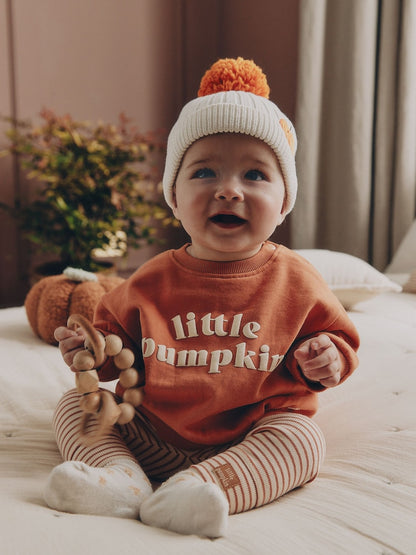 White Embroidered Knitted Pumpkin Pom Baby Hat