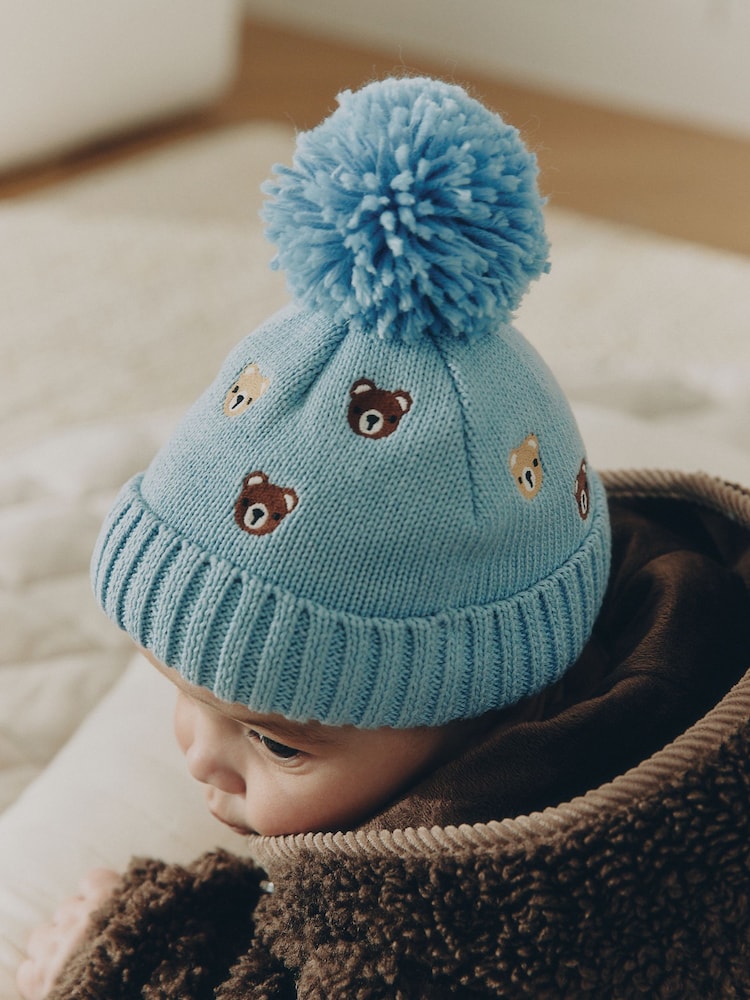 Blue Embroidered Knitted Baby Hat With Pom - Up to 1 Month (50-56cm)