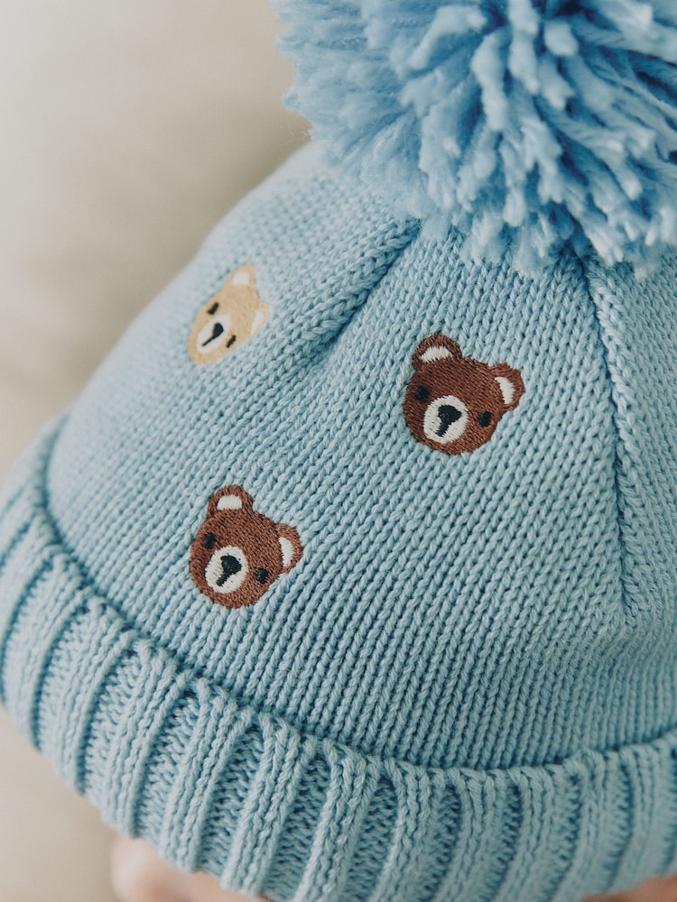 Blue Embroidered Knitted Baby Hat With Pom