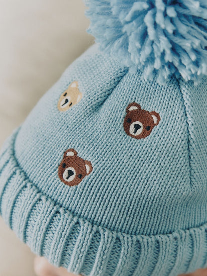 Blue Embroidered Knitted Baby Hat With Pom