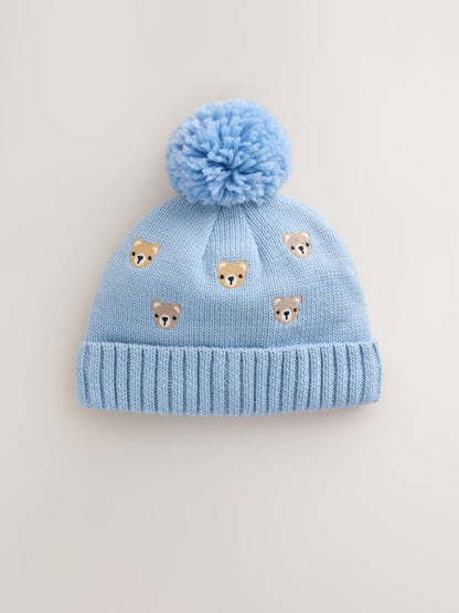 Blue Embroidered Knitted Baby Hat With Pom