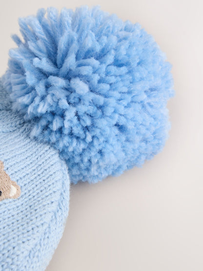 Blue Embroidered Knitted Baby Hat With Pom