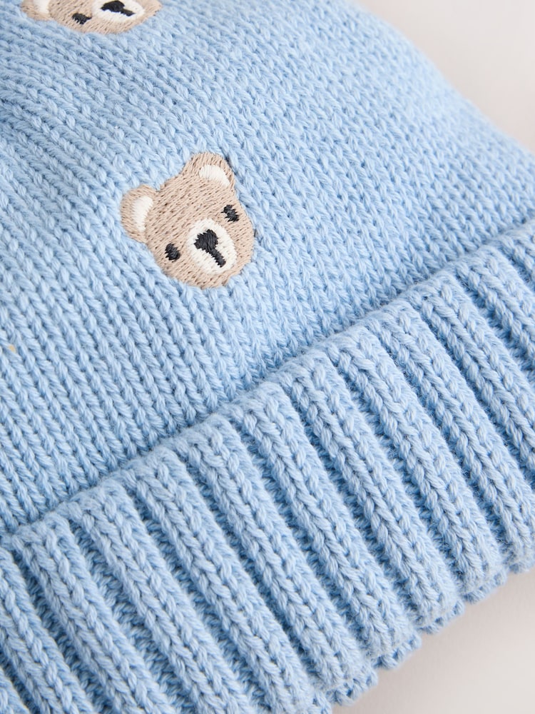 Blue Embroidered Knitted Baby Hat With Pom