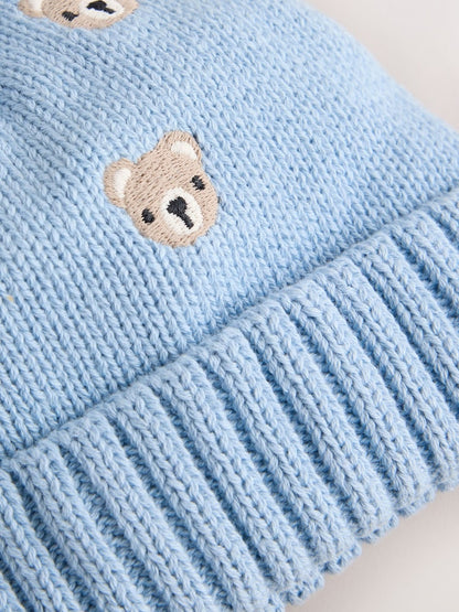 Blue Embroidered Knitted Baby Hat With Pom