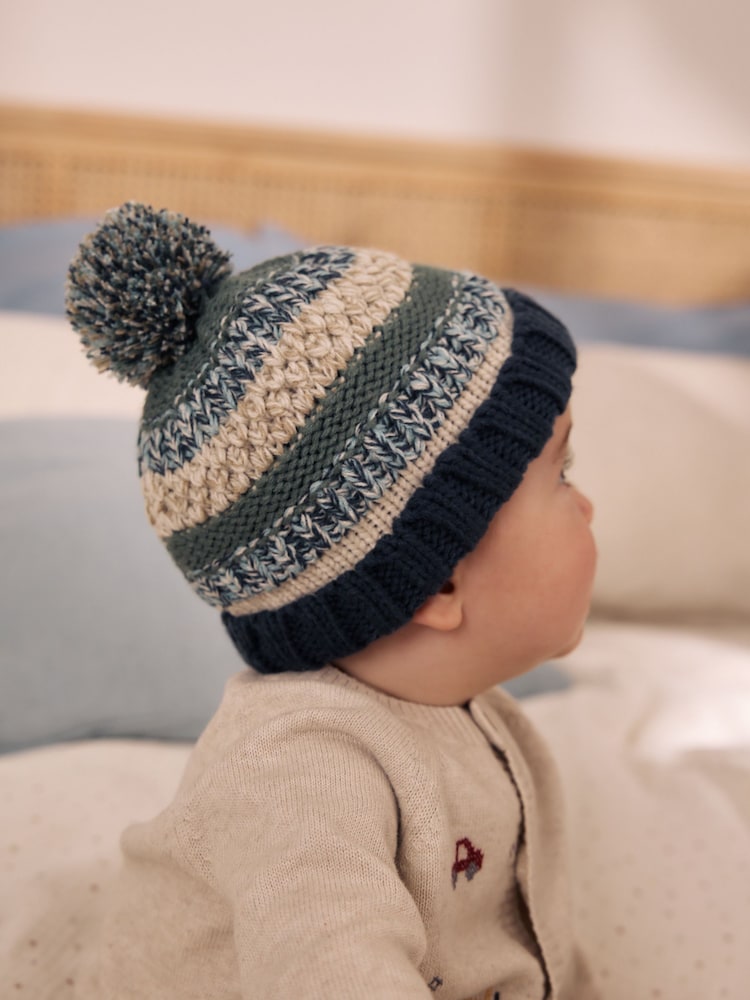 Mineral Stripe Knitted Baby Hat With Pom - Up to 1 Month (50-56cm)