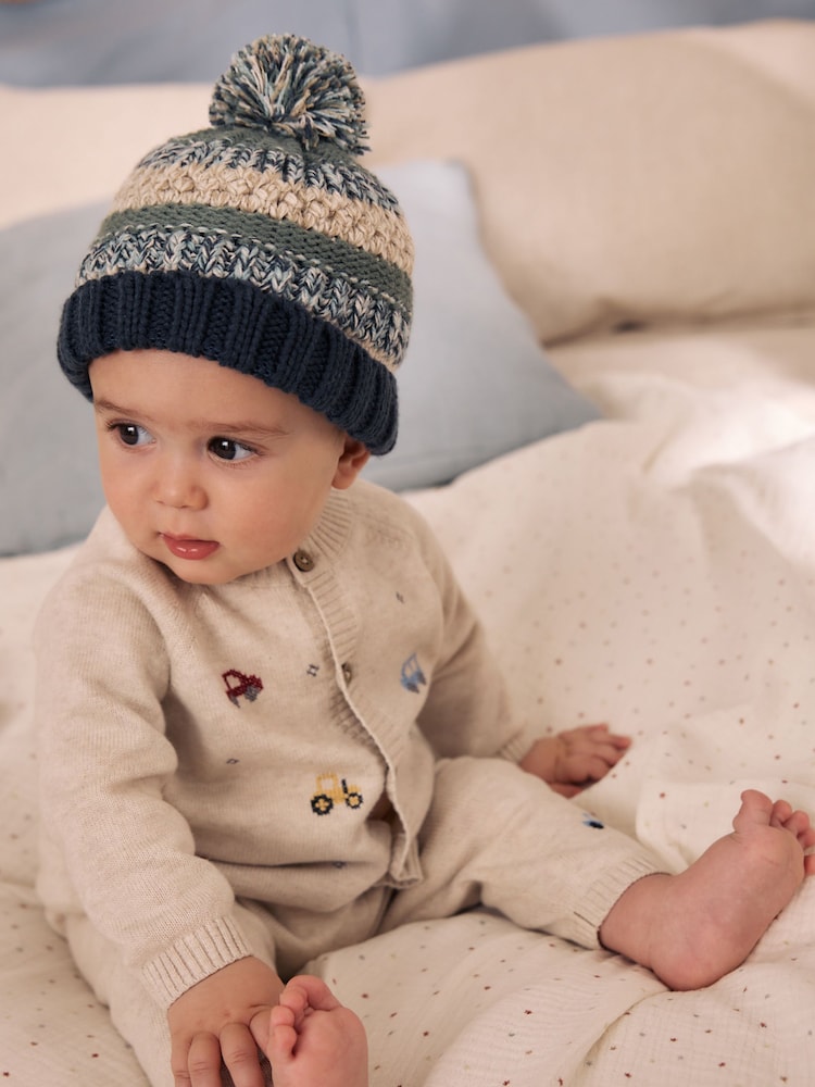 Mineral Stripe Knitted Baby Hat With Pom