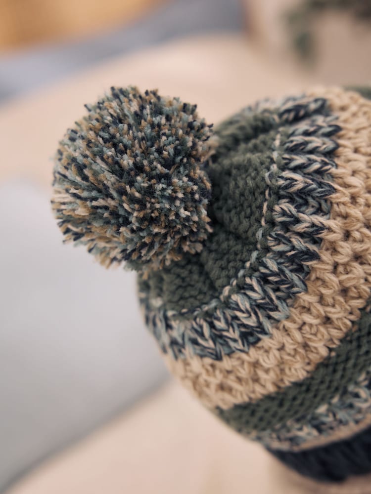 Mineral Stripe Knitted Baby Hat With Pom