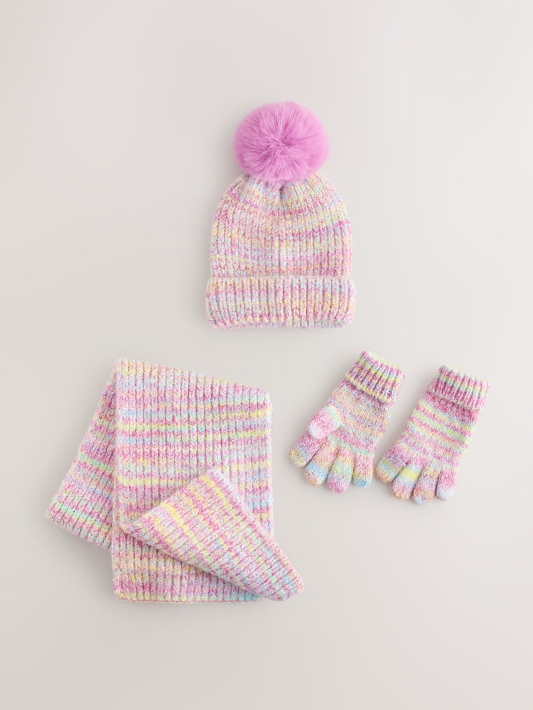 Pink Rainbow Hat Gloves &amp; Scarf Set 3 Piece (3-16yrs) - Pink Rainbow / 11 - 13 Years (146 - 158cm)