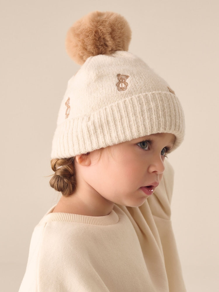 Ecru Bear Pom Beanie Hat (3mths-16yrs) - Ecru Bear / 7 - 10 Years (122 - 140cm)
