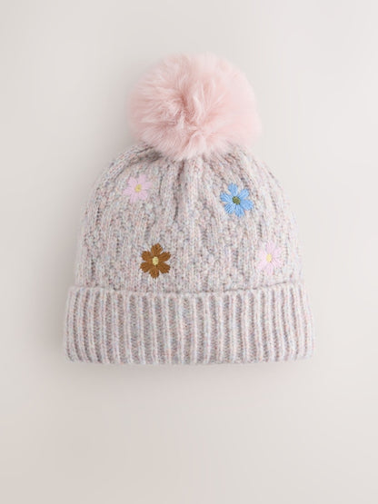 Mink Brown Flower Pom Beanie Hat (3mths-16yrs) - Mink Brown Flower / 11 - 13 Years (146 - 158cm)