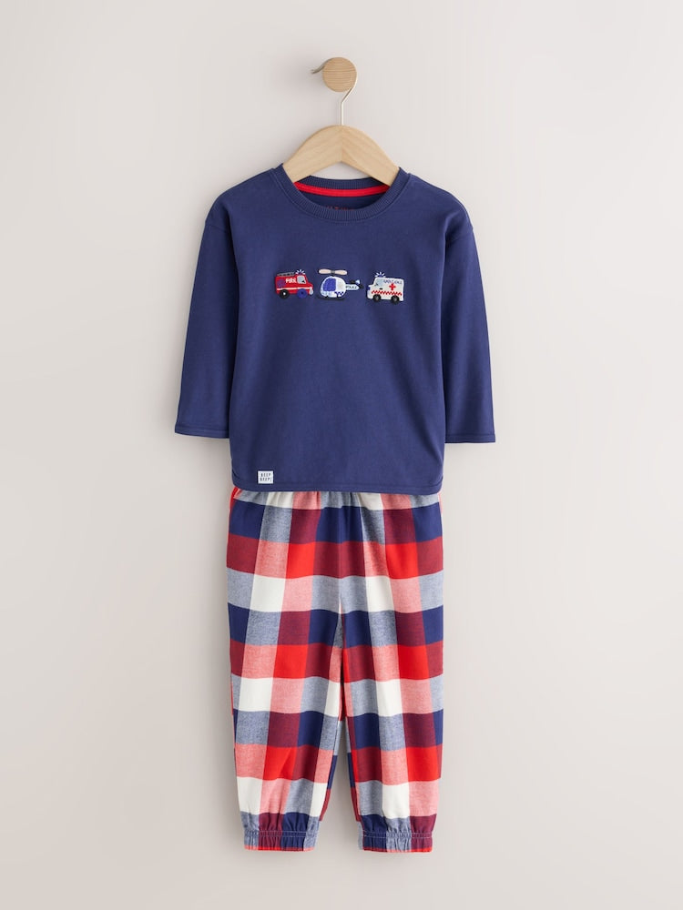 Blue/Navy Emergency Vechiles Check Woven Bottom