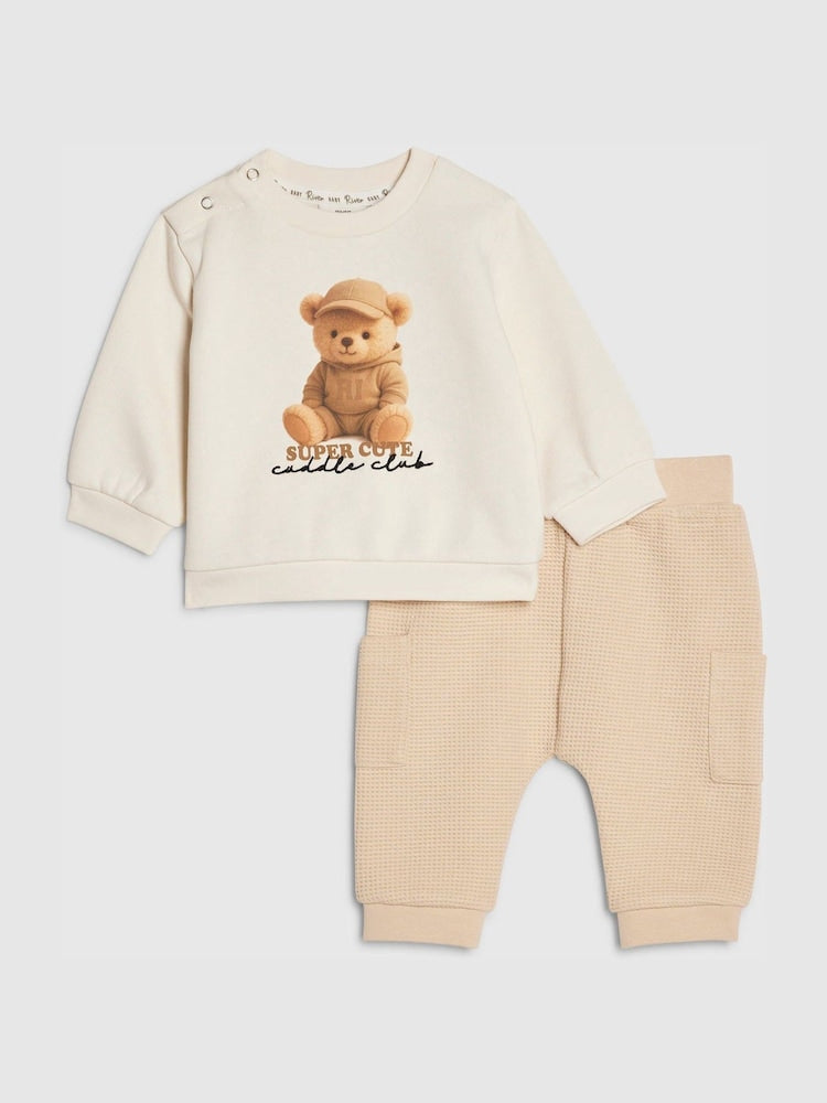 River Island Cream Super Cute Bear Sweatshirt &amp; Jogger Set