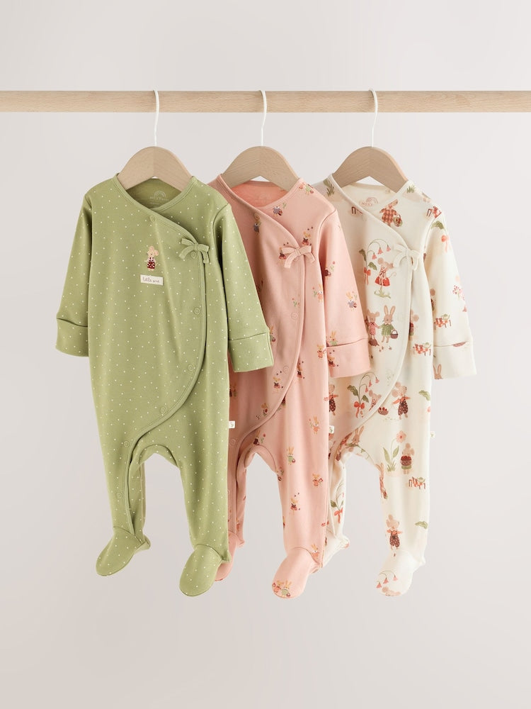 Pink/Green Bunny Wrap Baby Sleepsuits 3 Pack (0mths-3yrs) - Pink/Green Bunny / 12 - 18 Months (80 - 86cm)