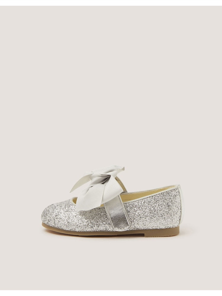 Monsoon Silver Glitter Bow Mary Jane Ballet Flats - Size EU 18 (UK 2)