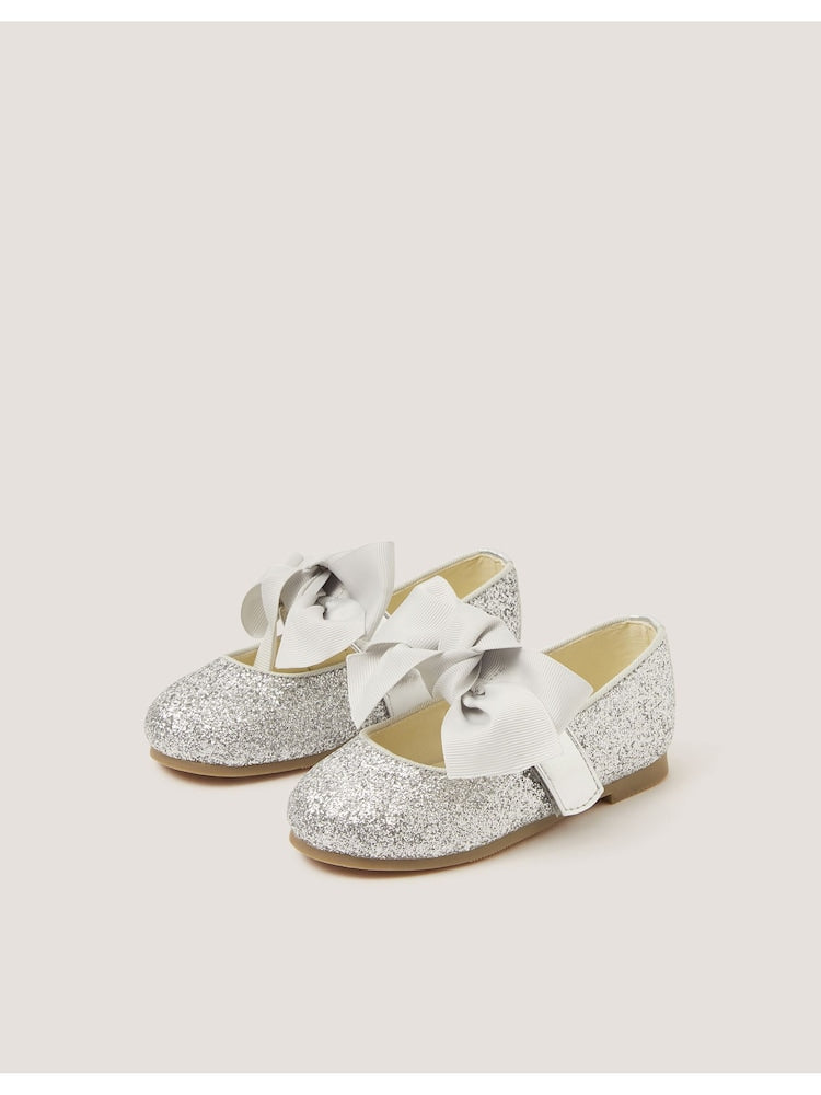 Monsoon Silver Glitter Bow Mary Jane Ballet Flats - Size EU 18 (UK 2)