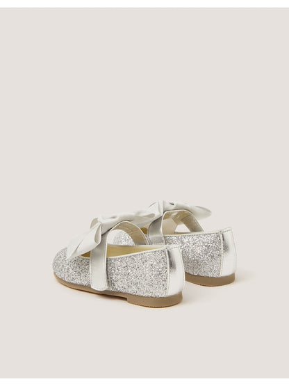 Monsoon Silver Glitter Bow Mary Jane Ballet Flats - Size EU 18 (UK 2)