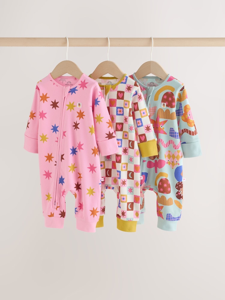 Bright Star Two Way Zip Baby Sleepsuits 3 Pack (0mths-3yrs)