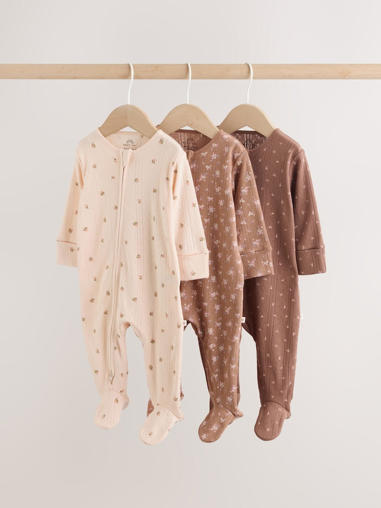 Brown Ditsy Floral Two Way Zip Baby Sleepsuits 3 Pack (0-3yrs) - Brown Ditsy Floral / Up to 1 Month (50-56cm)