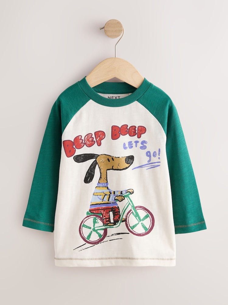Green/Ecru Ragan Dog Long Sleeve Graphic T-Shirt (3mths-7yrs)
