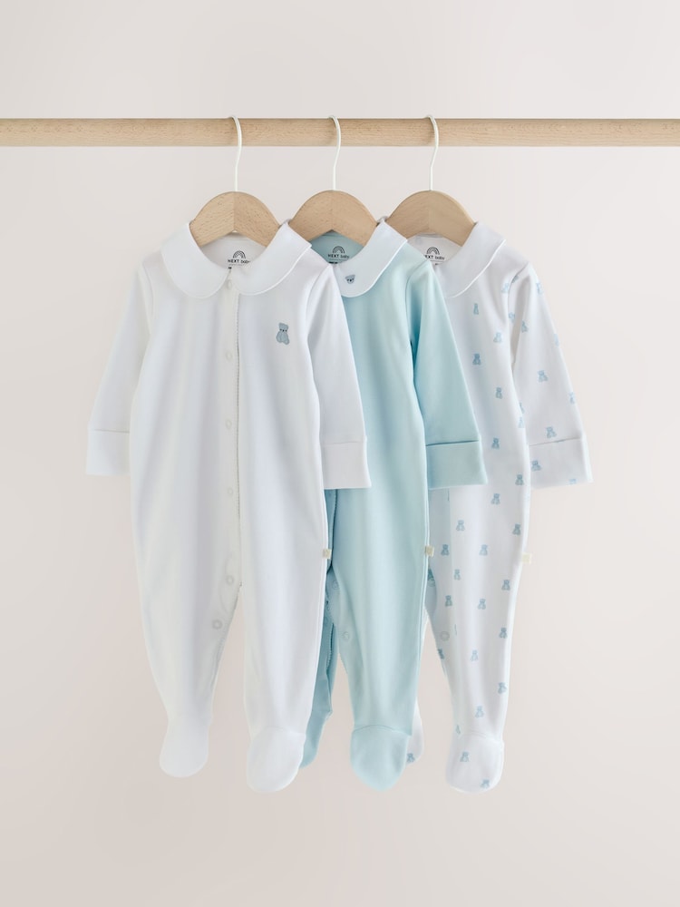 Pale Blue Collar Baby Sleepsuits 3 Pack (0-2yrs) - Pale Blue / Up to 1 Month (50-56cm)