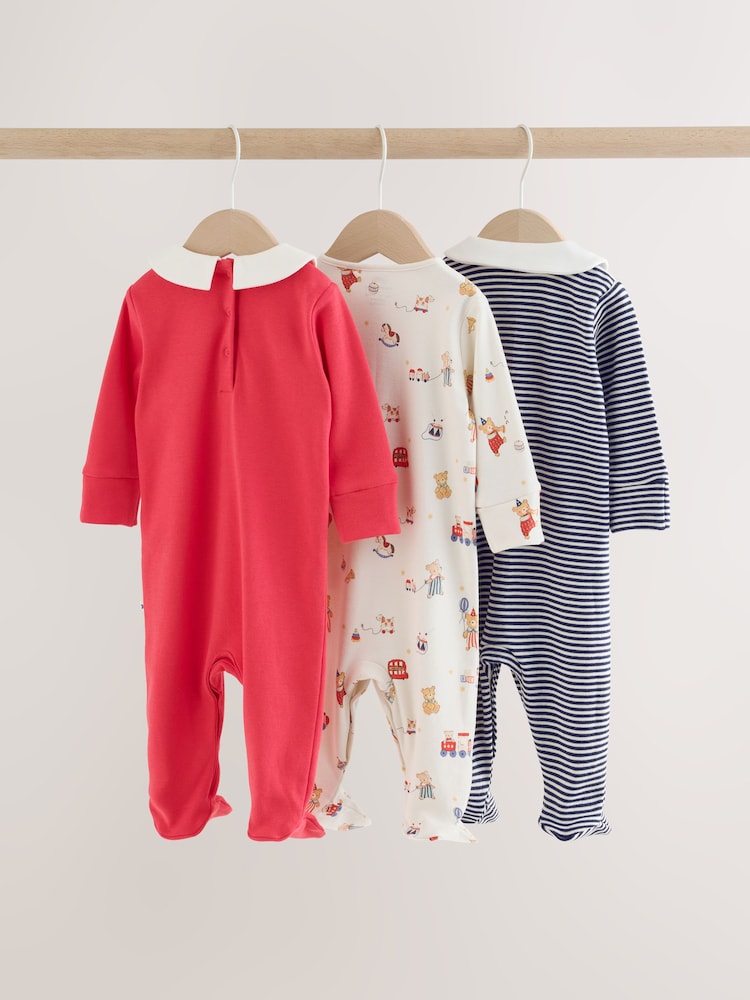 Cream/Red Collared Sleepsuits 3 Pack (0mths-2yrs)