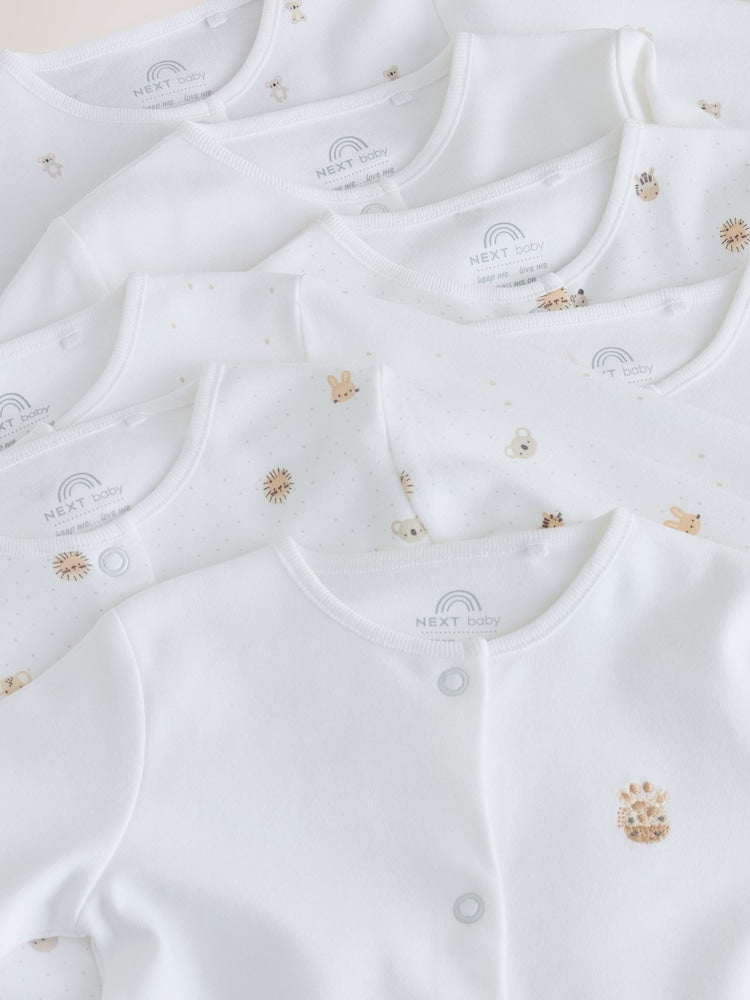 White Mini Safari Animals 7 Pack Baby Sleepsuits (0-2yrs)