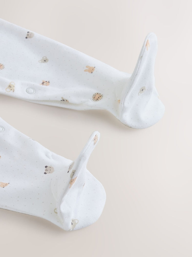 White Mini Safari Animals 7 Pack Baby Sleepsuits (0-2yrs)