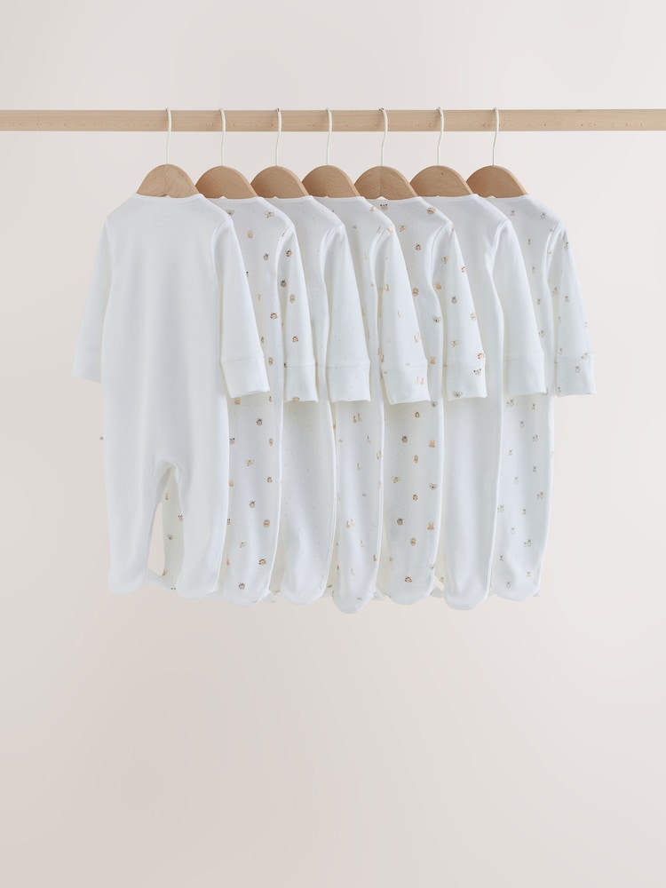 White Mini Safari Animals 7 Pack Baby Sleepsuits (0-2yrs)