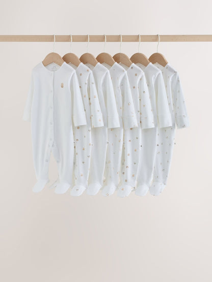 White Mini Safari Animals 7 Pack Baby Sleepsuits (0-2yrs)