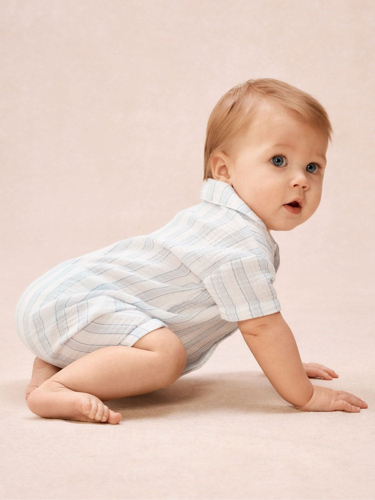 The White Company Blue Double Cotton Watercolour Stripe Classic Rompersuits - Up To 3 Months (50 - 62cm)